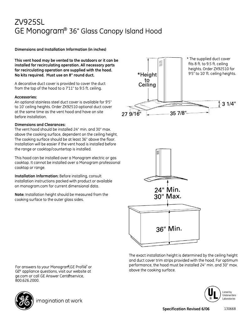 Page n°1 - Fiche technique Monogram ZV925SLSS
