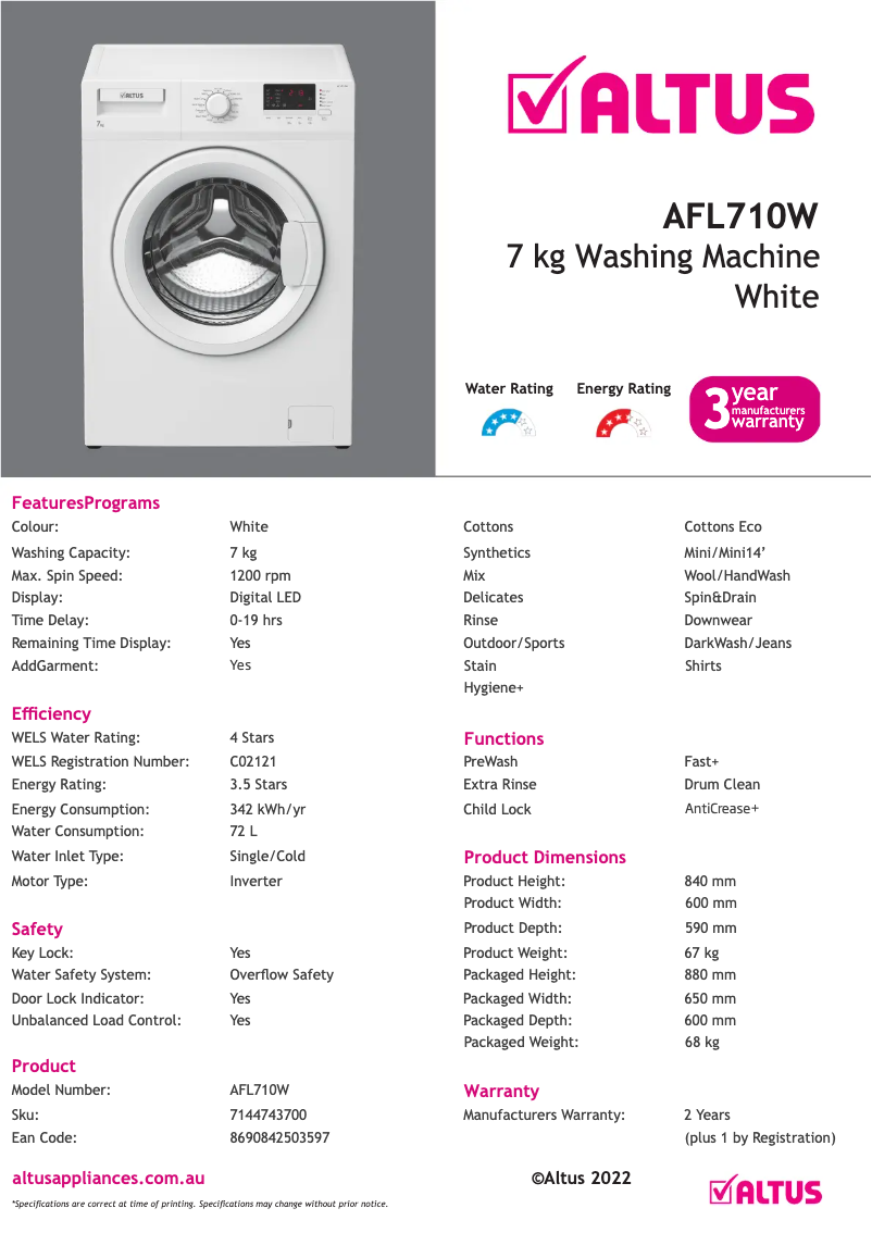 Page n°1 - Fiche technique Altus AFL710W