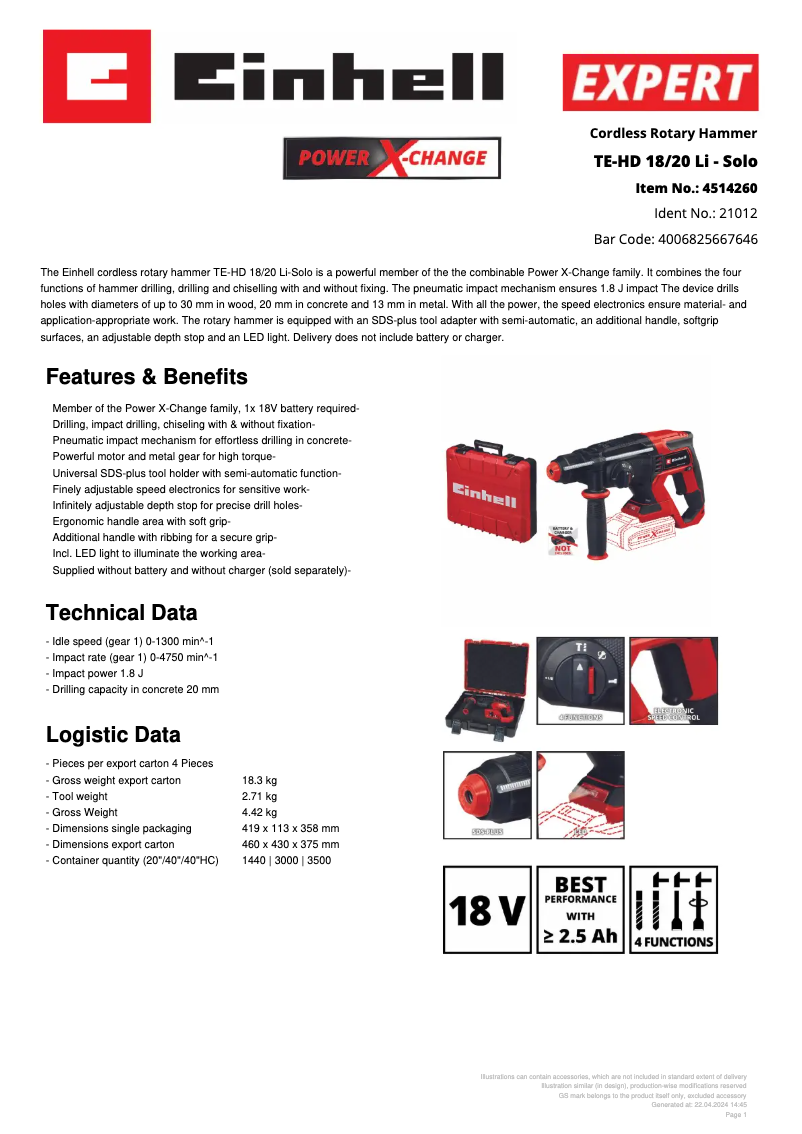 Page 1 de la notice Fiche technique Einhell TE-HD 18/20 Li
