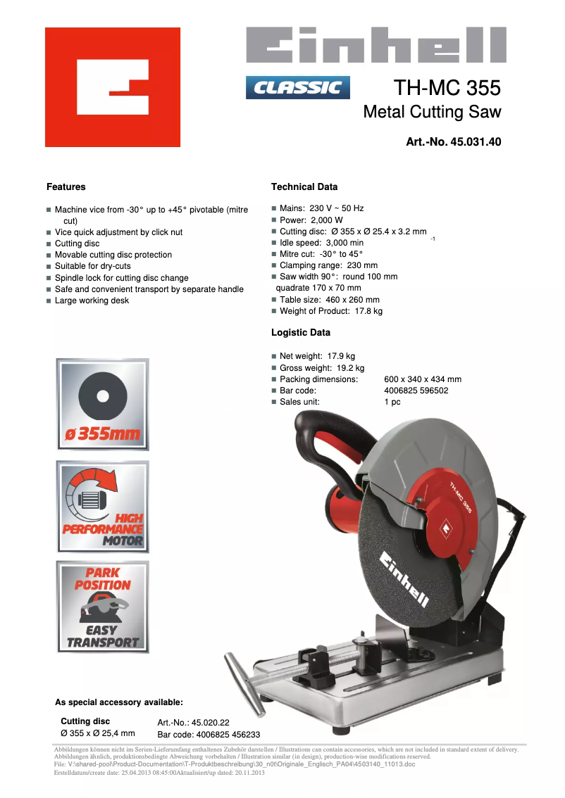 Page 1 de la notice Fiche technique Einhell TH-MC 355