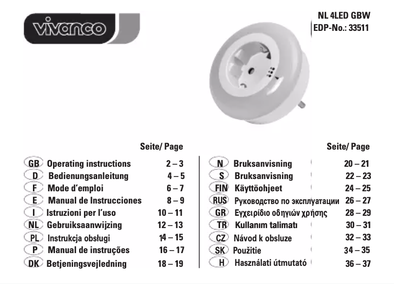 Page 1 de la notice Manuel utilisateur Vivanco NL 4LED GBW