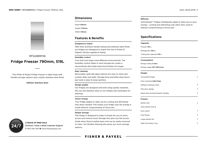 Page 1 de la notice Fiche technique Fisher & Paykel RF522BRGX6