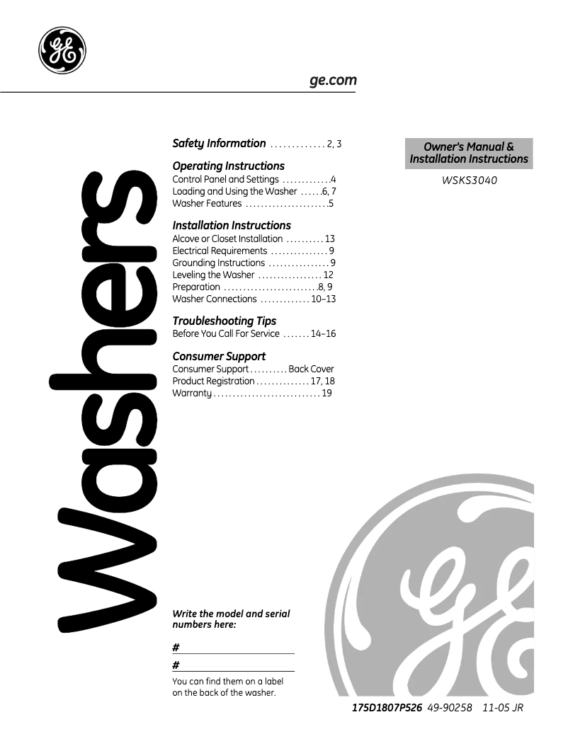 Page n°1 - Manuel d'utilisation et d'entretien GE WSKS3040EWW