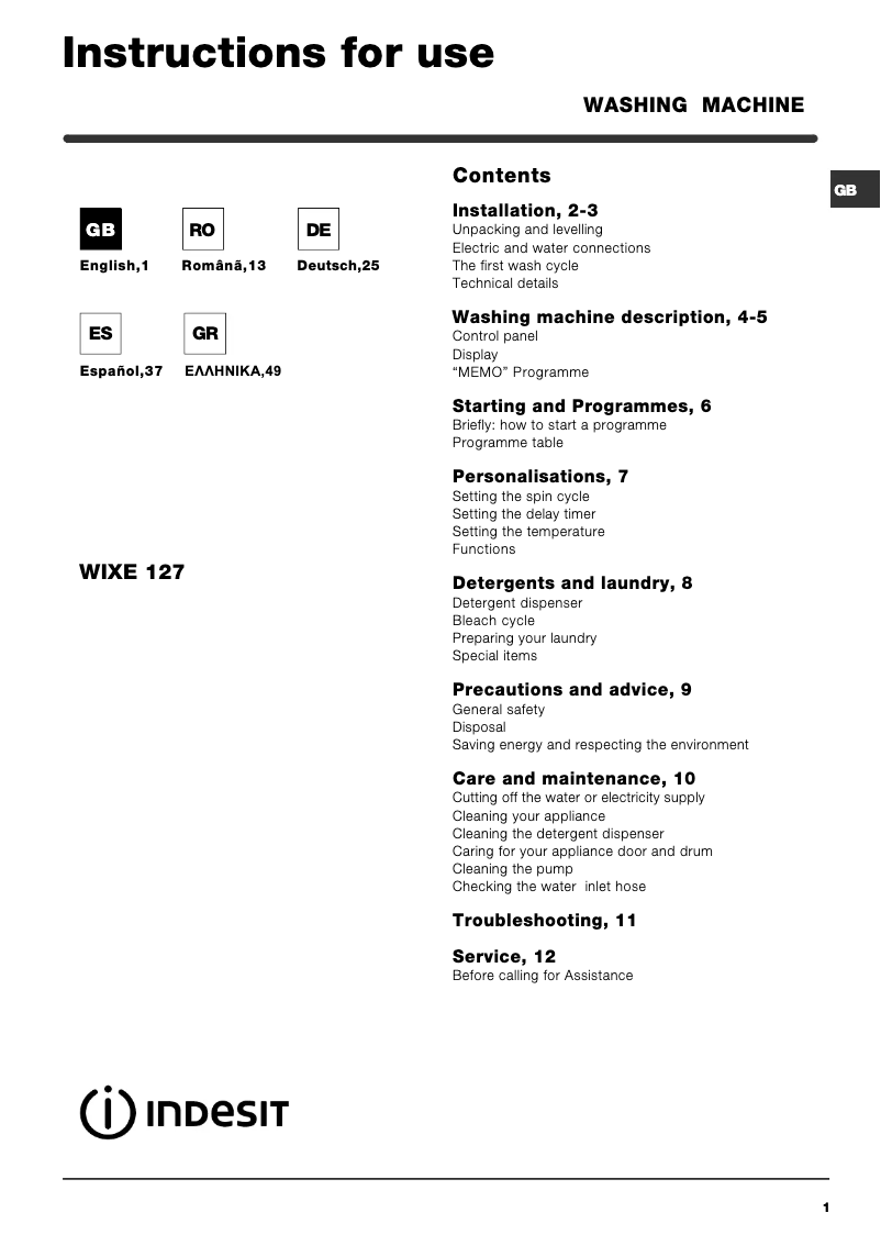 Image de la première page du manuel de l'appareil WIXE 127 (EX).R