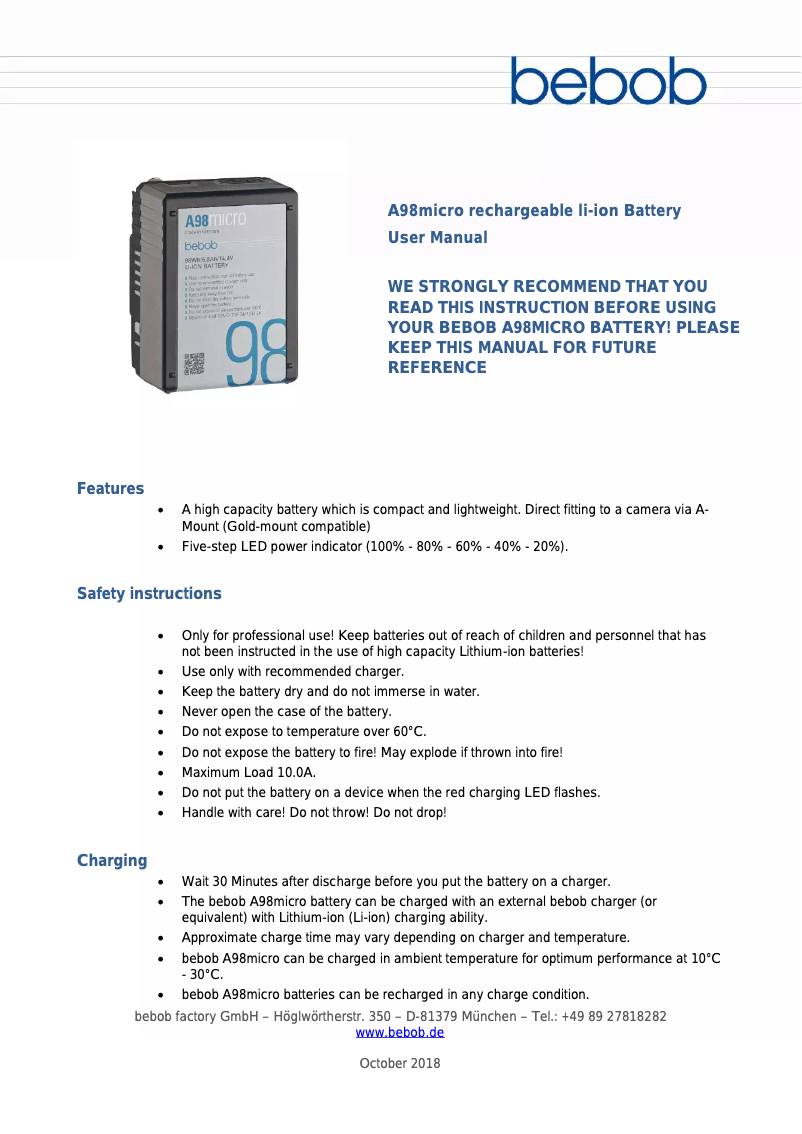 Page 1 de la notice Manuel utilisateur Bebob A98micro