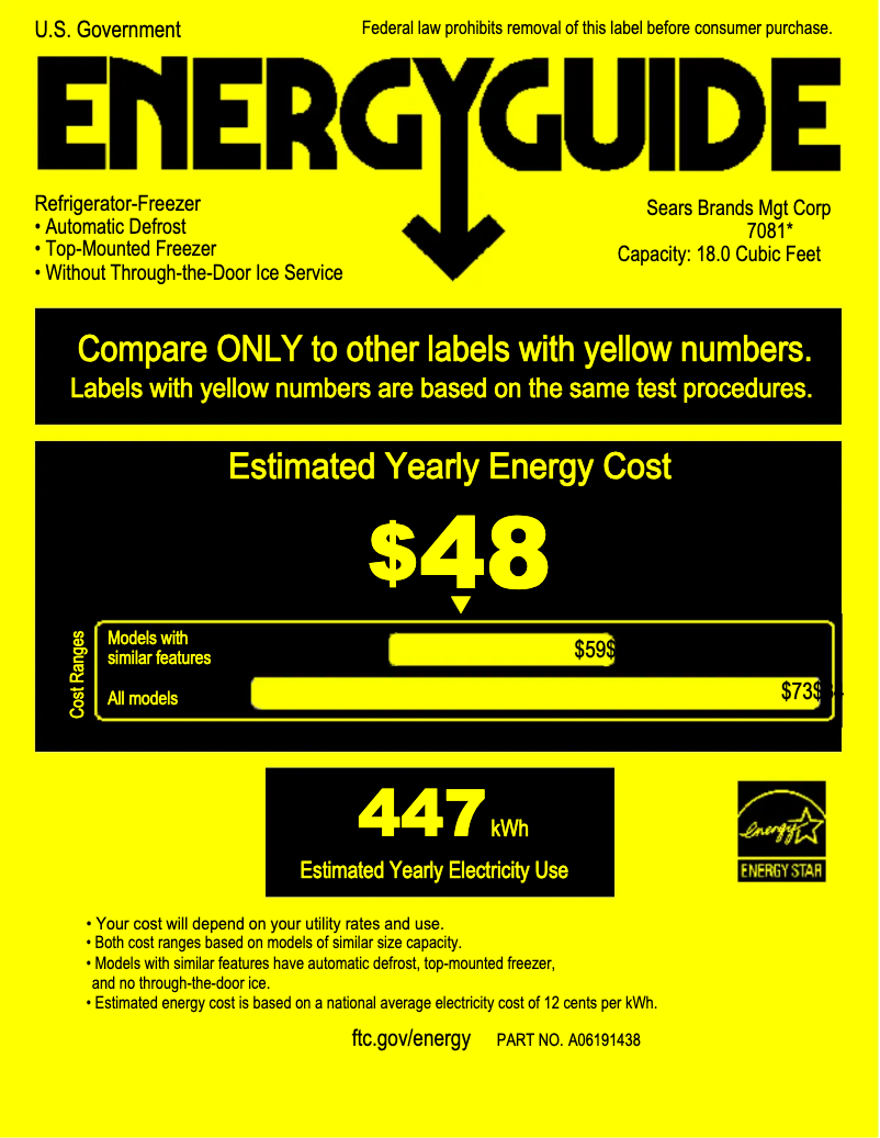 Page 1 de la notice Label énergétique Kenmore 70812