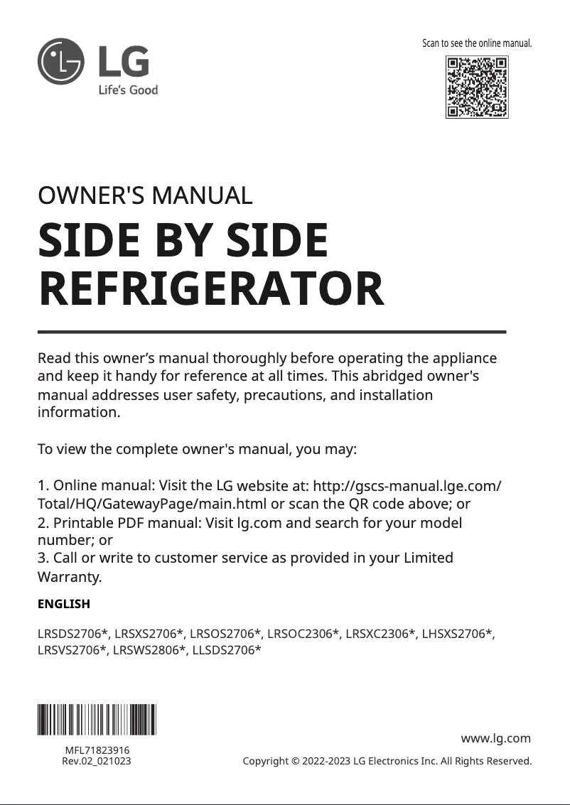 Page 1 de la notice Manuel utilisateur LG LRSDS2706S