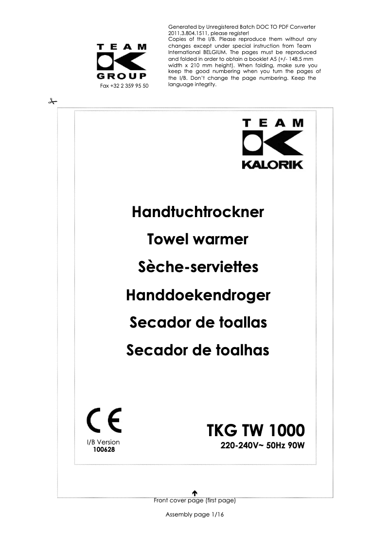 Page 1 de la notice Manuel utilisateur Kalorik TKG TW 1000