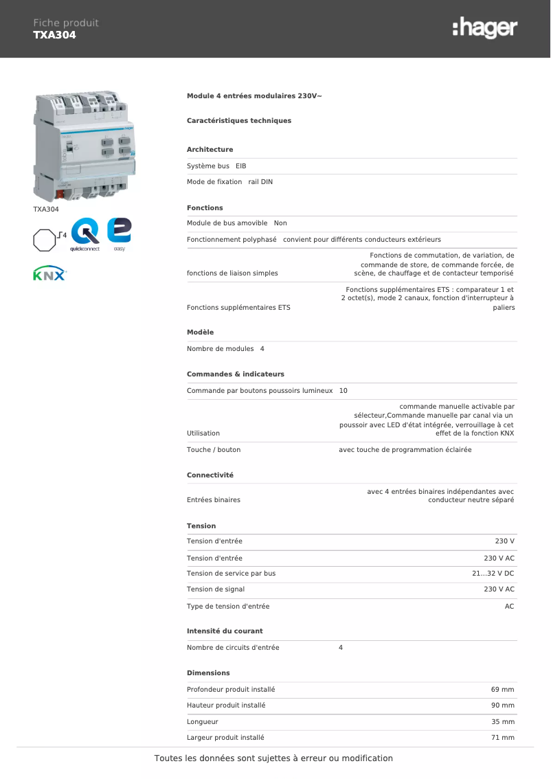 Page 1 de la notice Fiche technique Hager TXA304