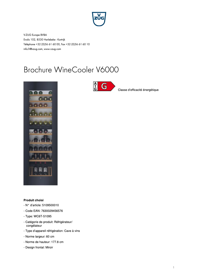 Page 1 de la notice Brochure V-Zug WineCooler V6000