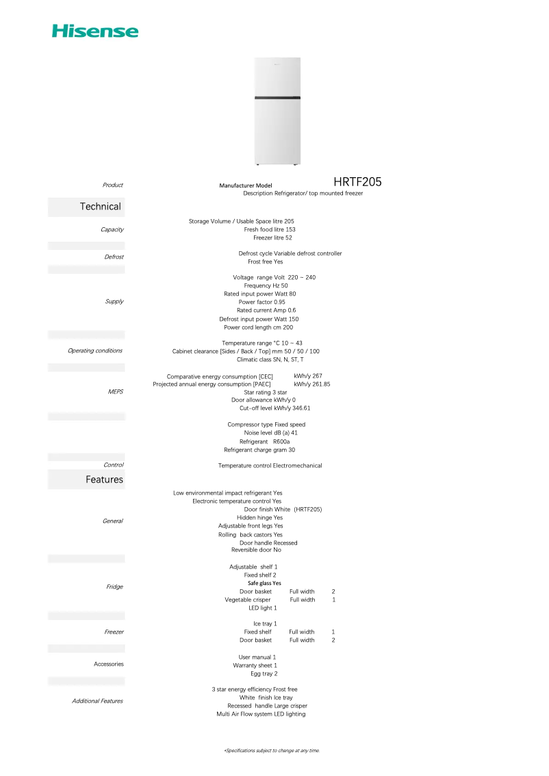 Page 1 de la notice Fiche technique Hisense HRTF205