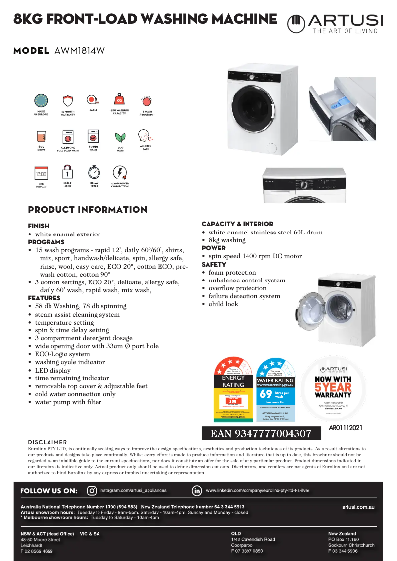 Page 1 de la notice Fiche technique Artusi AWM1814W