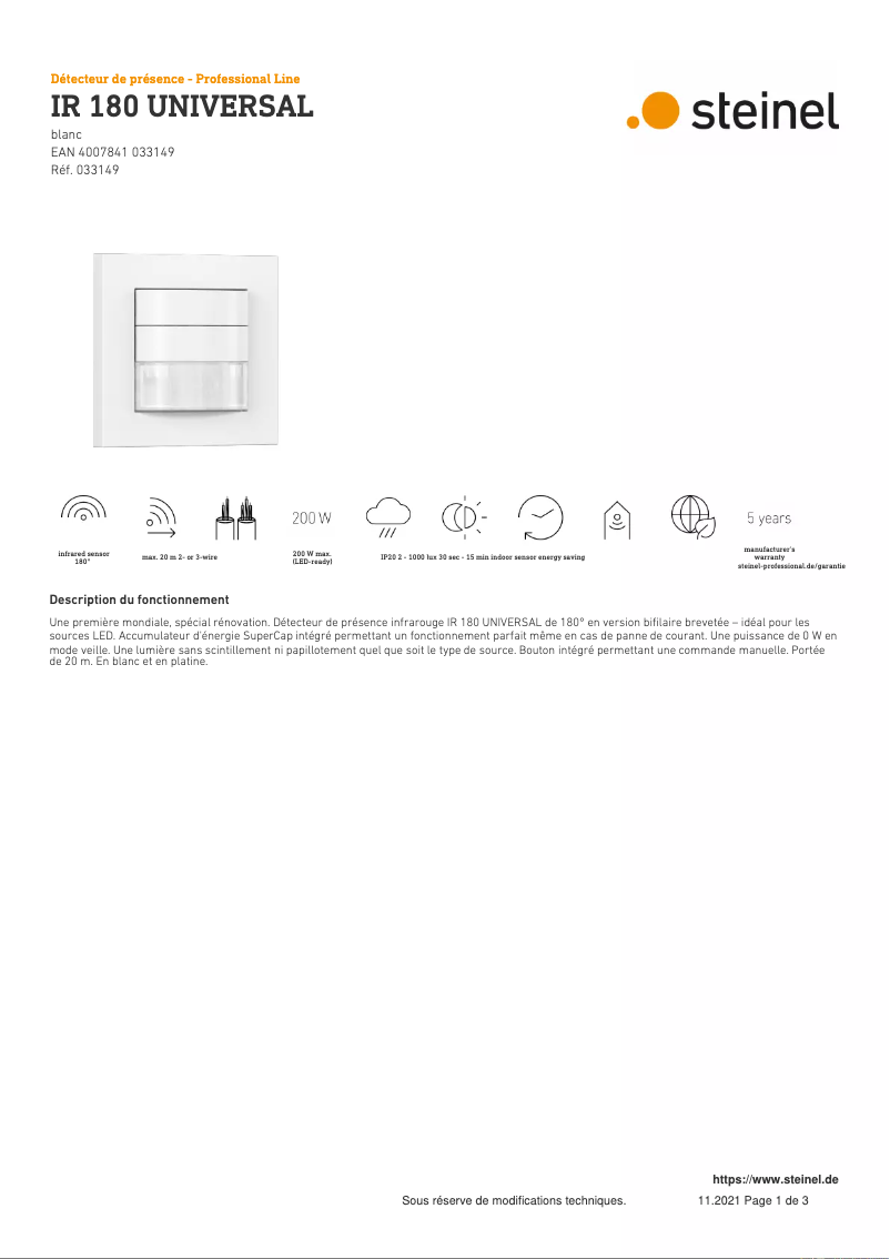Page 1 de la notice Fiche technique Steinel IR 180 Universal