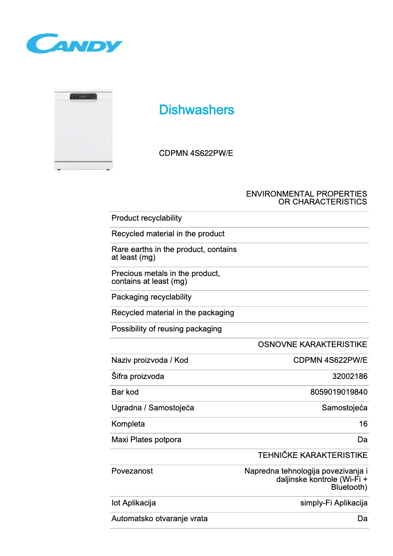 Page 1 de la notice Fiche technique Candy CDPMN 4S622PW