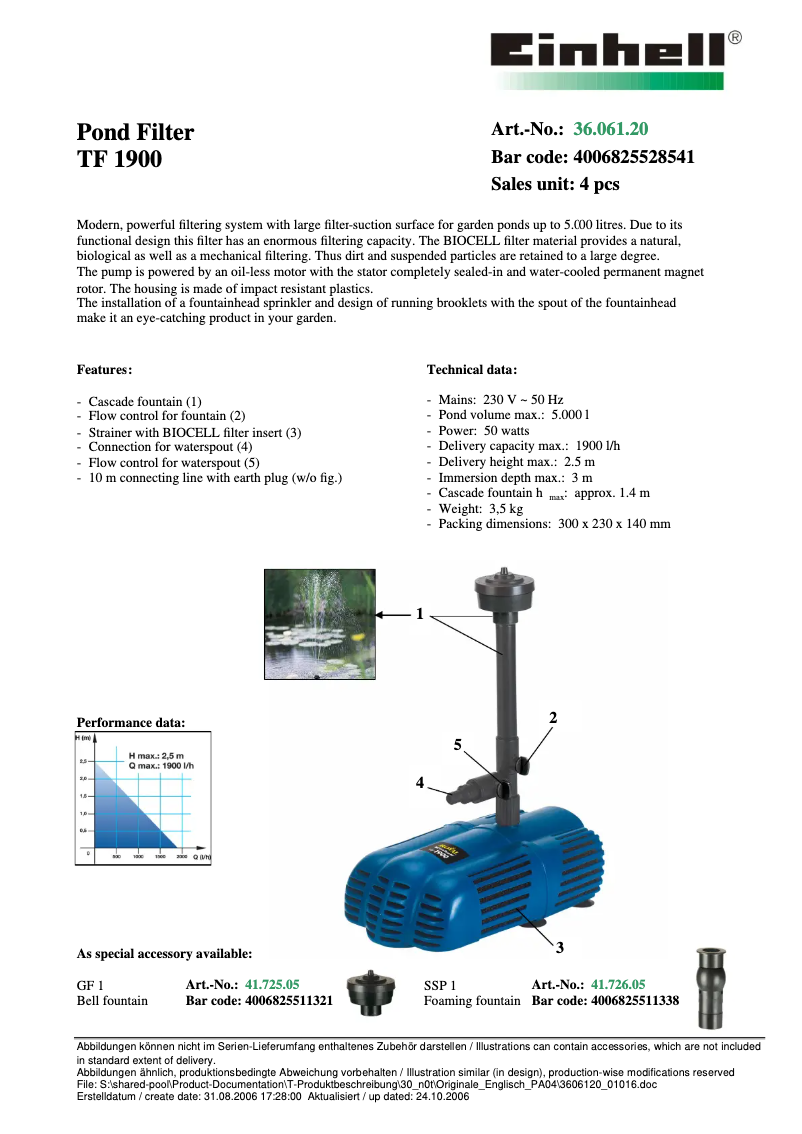 Page 1 de la notice Fiche technique Einhell TF 1900