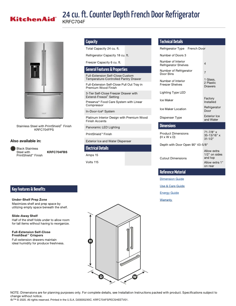 Page 1 de la notice Fiche technique KitchenAid KRFC704FBS