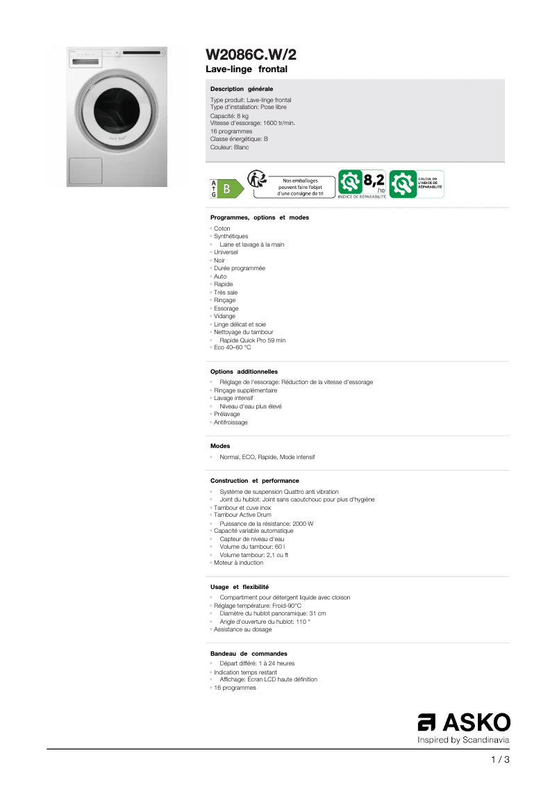 Page 1 de la notice Fiche technique Asko W2086C.W