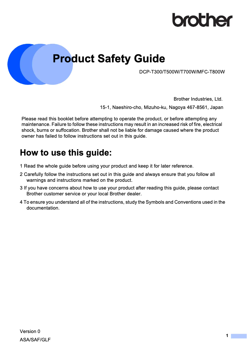 Page 1 de la notice Instructions de sécurité Brother MFC-T800W