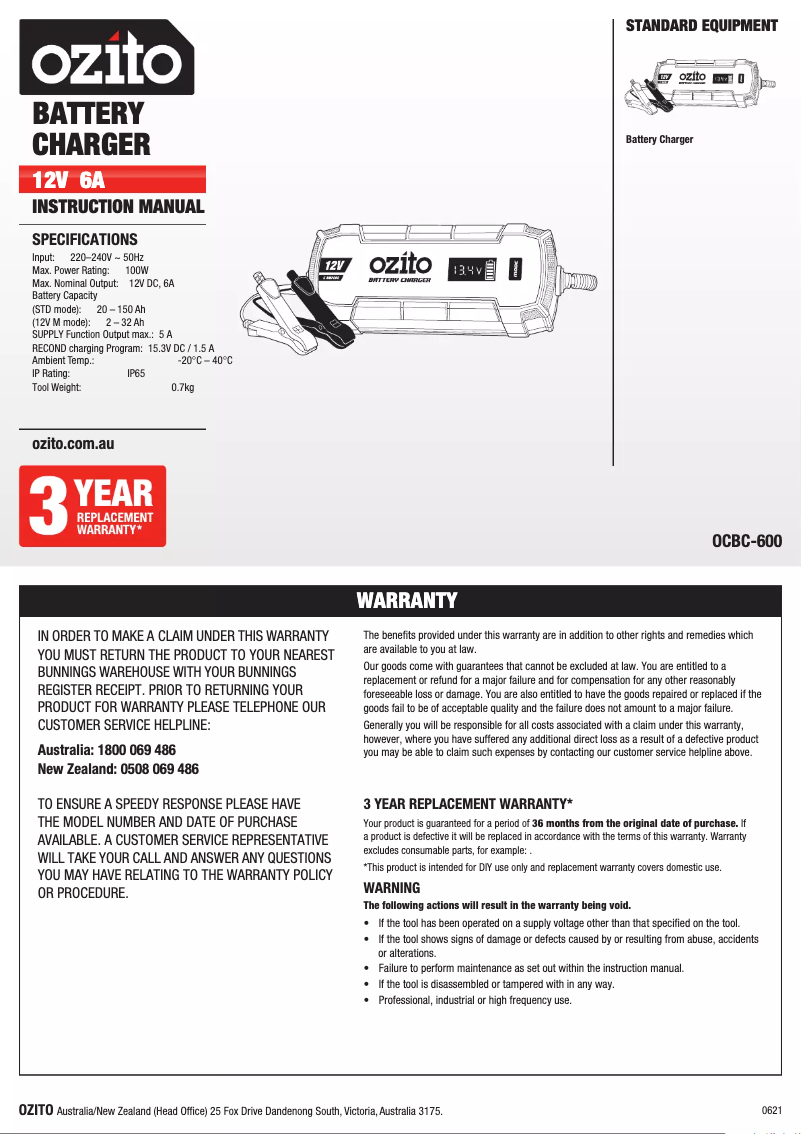 Page 1 de la notice Manuel utilisateur Ozito OCBC-600