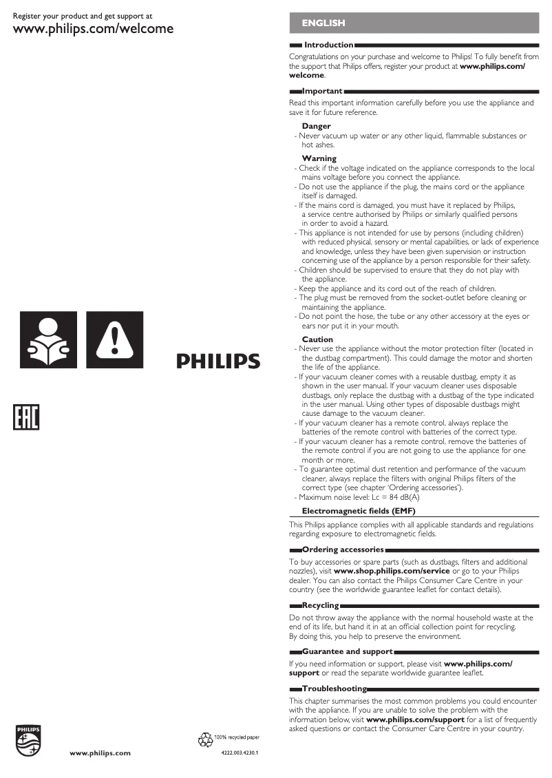 Page 1 de la notice Manuel utilisateur Philips Performer Active FC8588