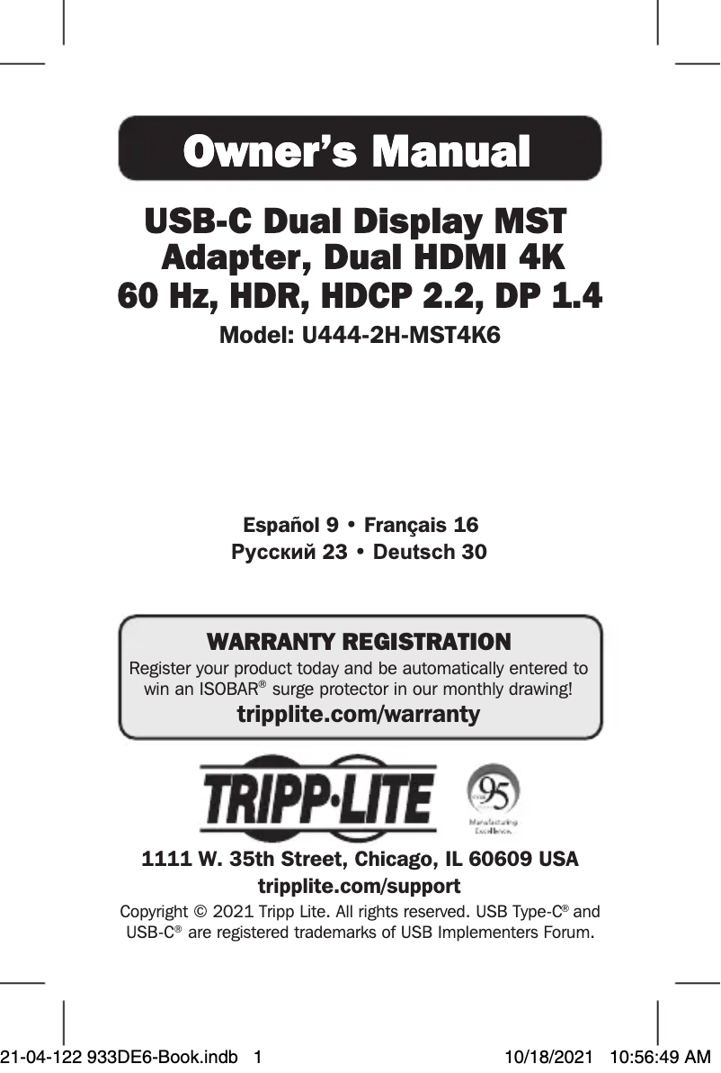 Página 1 del manual Manual de usuario Tripp Lite U444-2H-MST4K6
