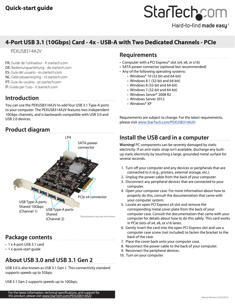 Page 1 de la notice Manuel utilisateur StarTech.com PEXUSB314A2V