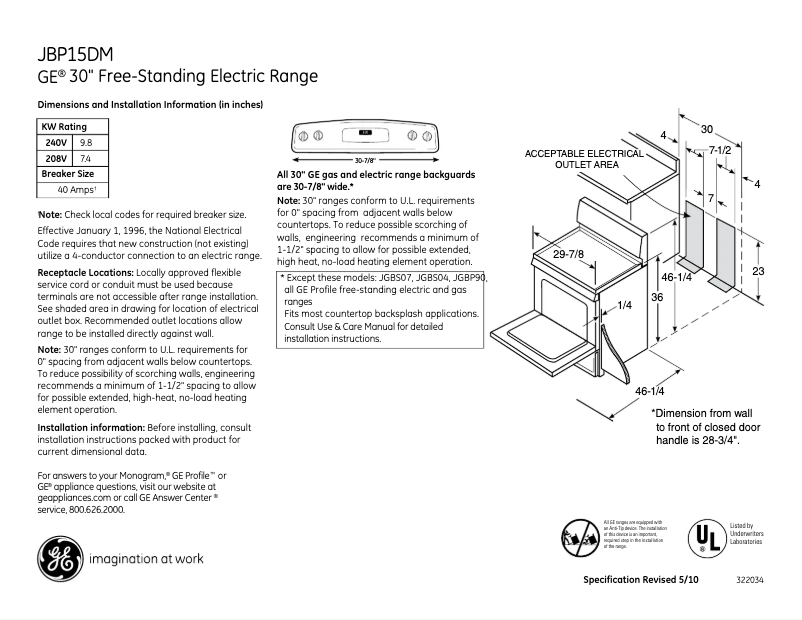 Page 1 of the manual Technical Sheet GE JBP15DMCC