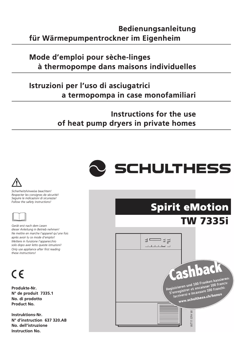 Page n°1 - Manuel utilisateur Schulthess Spirit TopLine TW 7335i