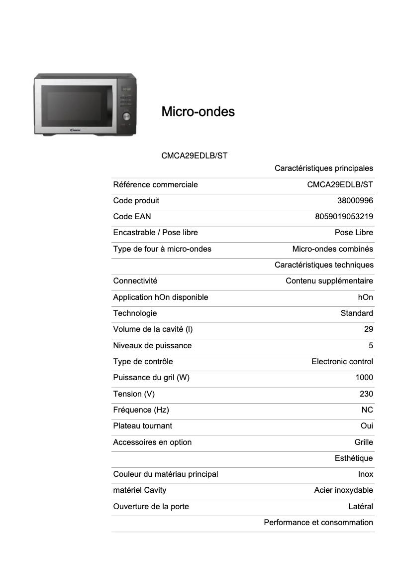 Page 1 de la notice Fiche technique Candy CMCA29EDLB/ST
