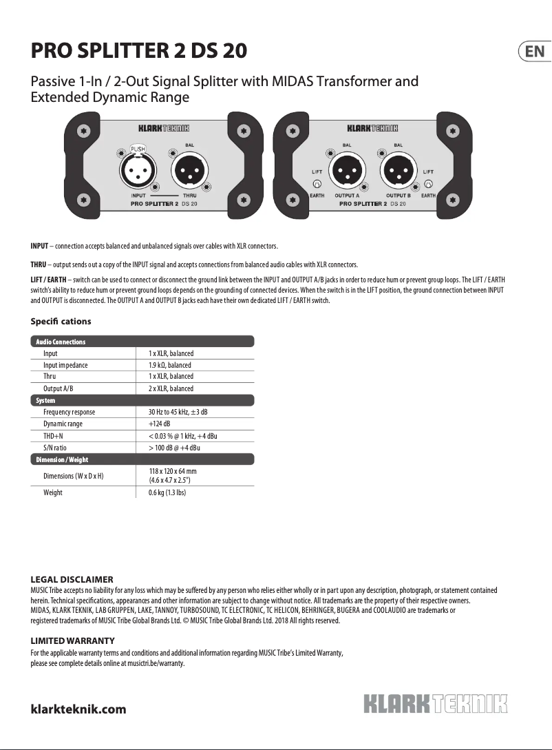 Page 1 de la notice Manuel utilisateur Klark Teknik DS 20