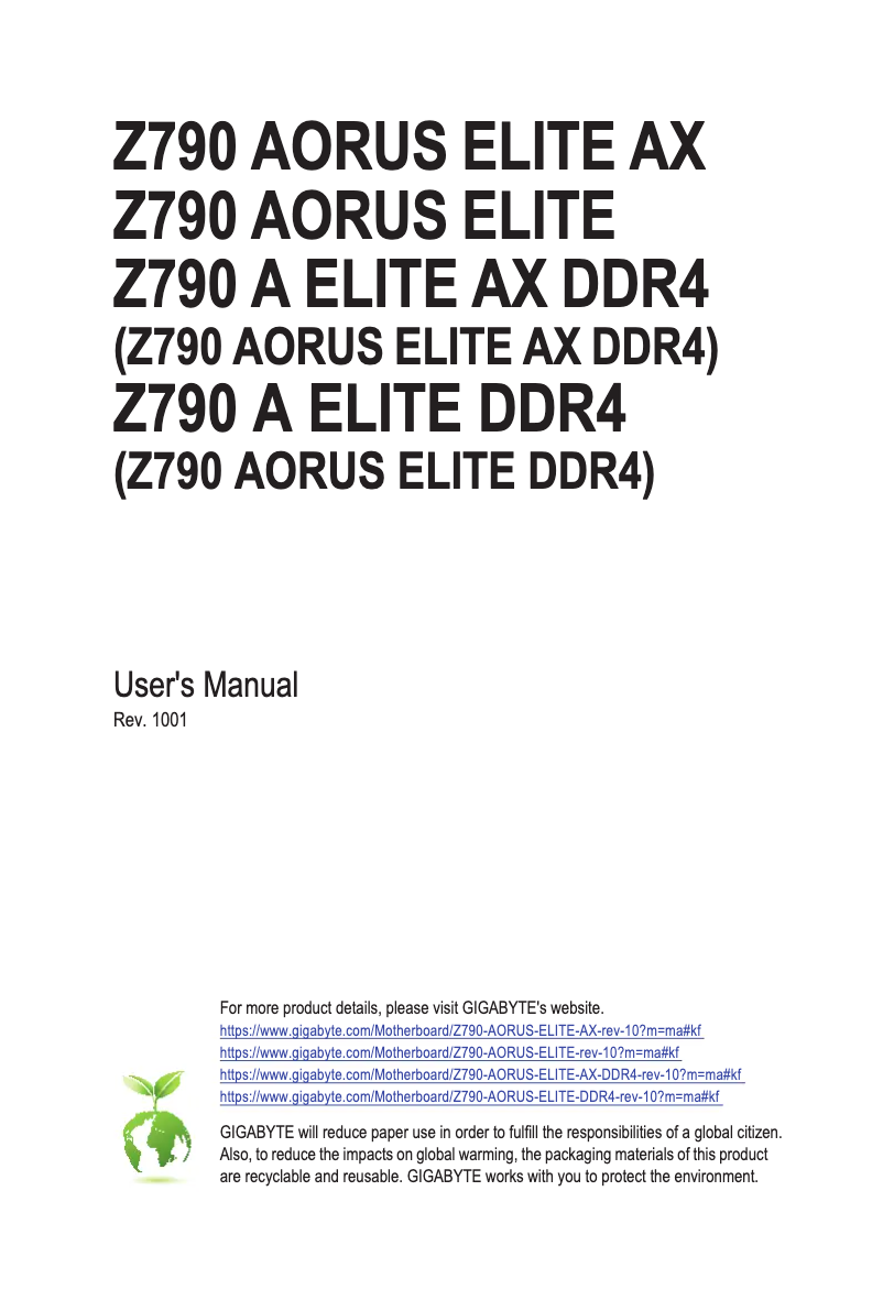 Page 1 de la notice Manuel utilisateur Gigabyte Z790 Aorus Elite DDR4