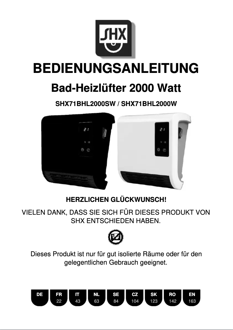 Image de la première page du manuel de l'appareil SHX71BHL2000W