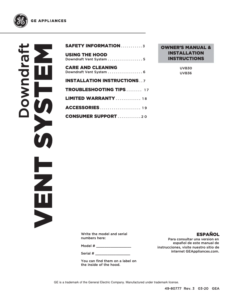 Image de la première page du manuel de l'appareil UVB30DKBB