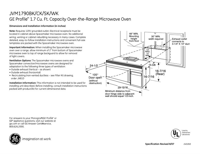 Page n°1 - Fiche technique GE Profile JVM1790WK