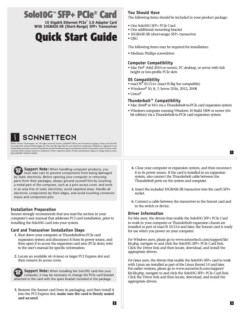 Page n°1 - Manuel utilisateur Sonnet G10E-SFP-1X-E3