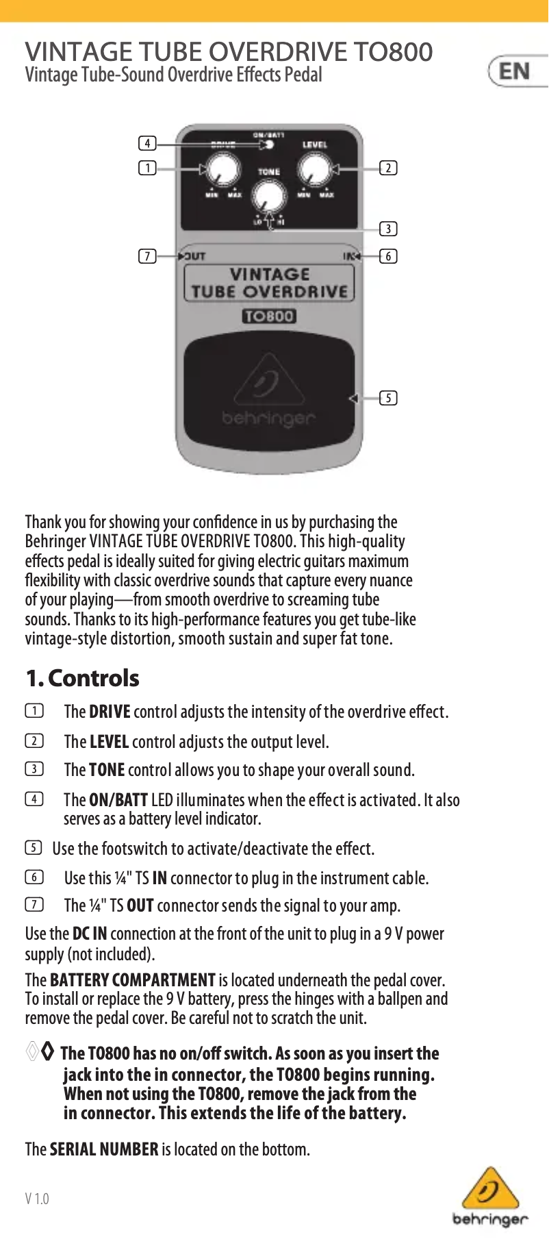 Page n°1 - Manuel utilisateur Behringer Vintage Tube Overdrive TO800