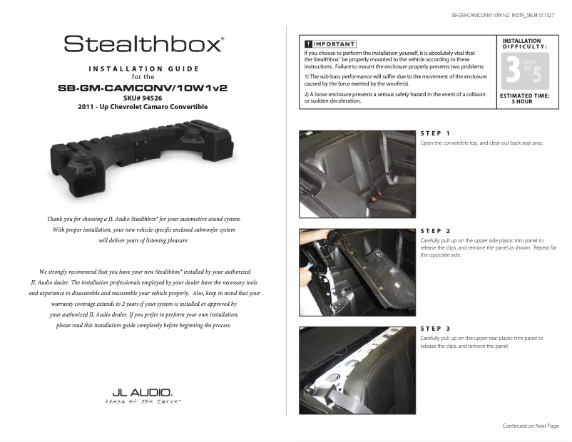 Página 1 del manual Guía de instalación JL Audio Stealthbox SB-GM-CAMCONV/10W1v3