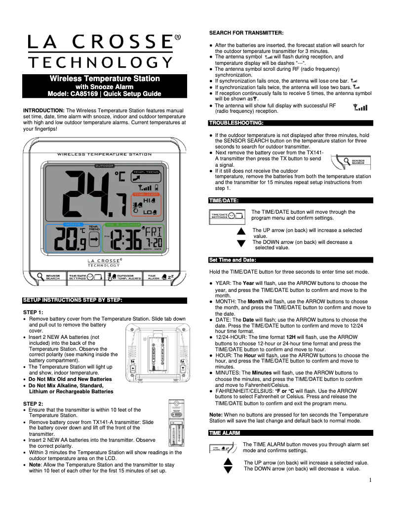 Page 1 de la notice Manuel utilisateur La Crosse Technology CA85169