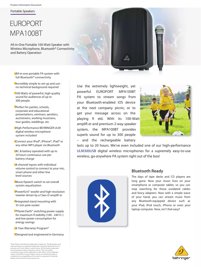 Page n°1 - Fiche technique Behringer Europort MPA100BT