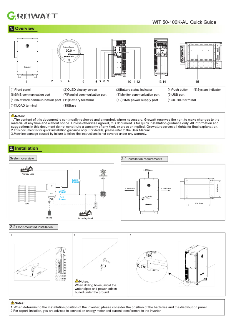 Page 1 de la notice Guide de démarrage rapide Growatt WIT 50-100K-AU