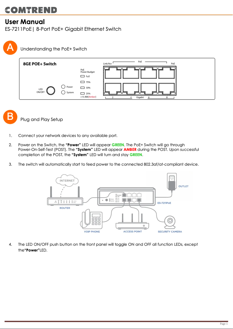 Page 1 de la notice Manuel utilisateur Comtrend ES-7211PoE
