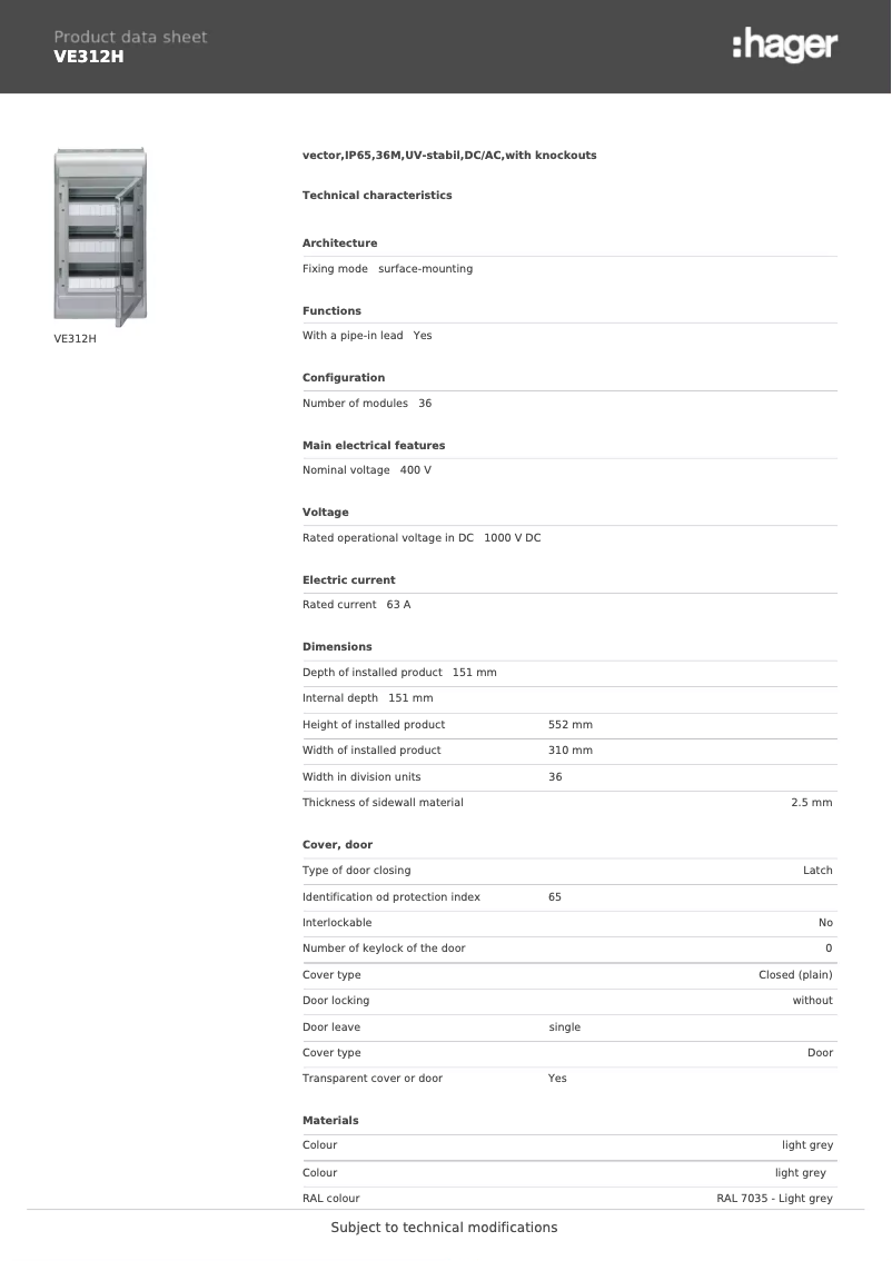 Page 1 de la notice Fiche technique Hager VE312H