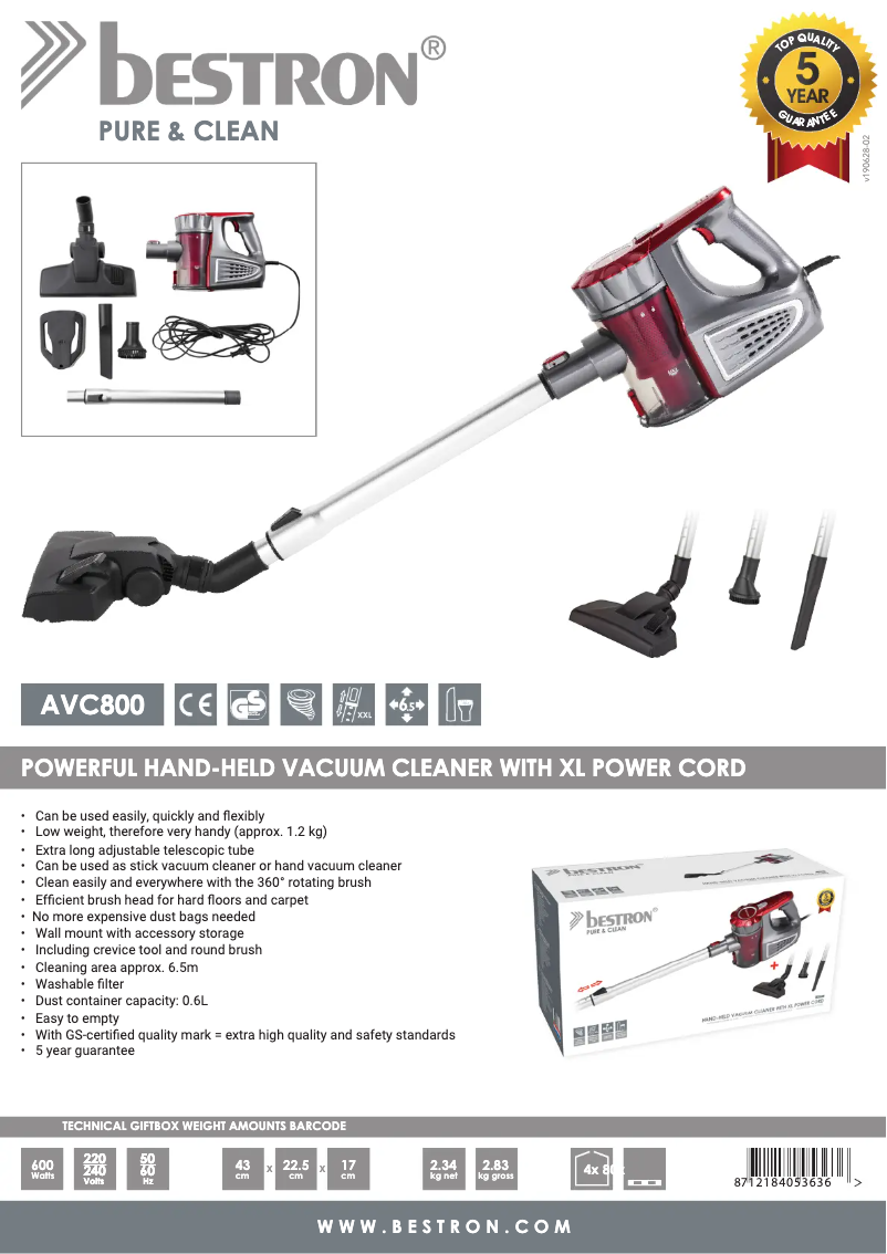 Page 1 de la notice Fiche technique Bestron AVC800