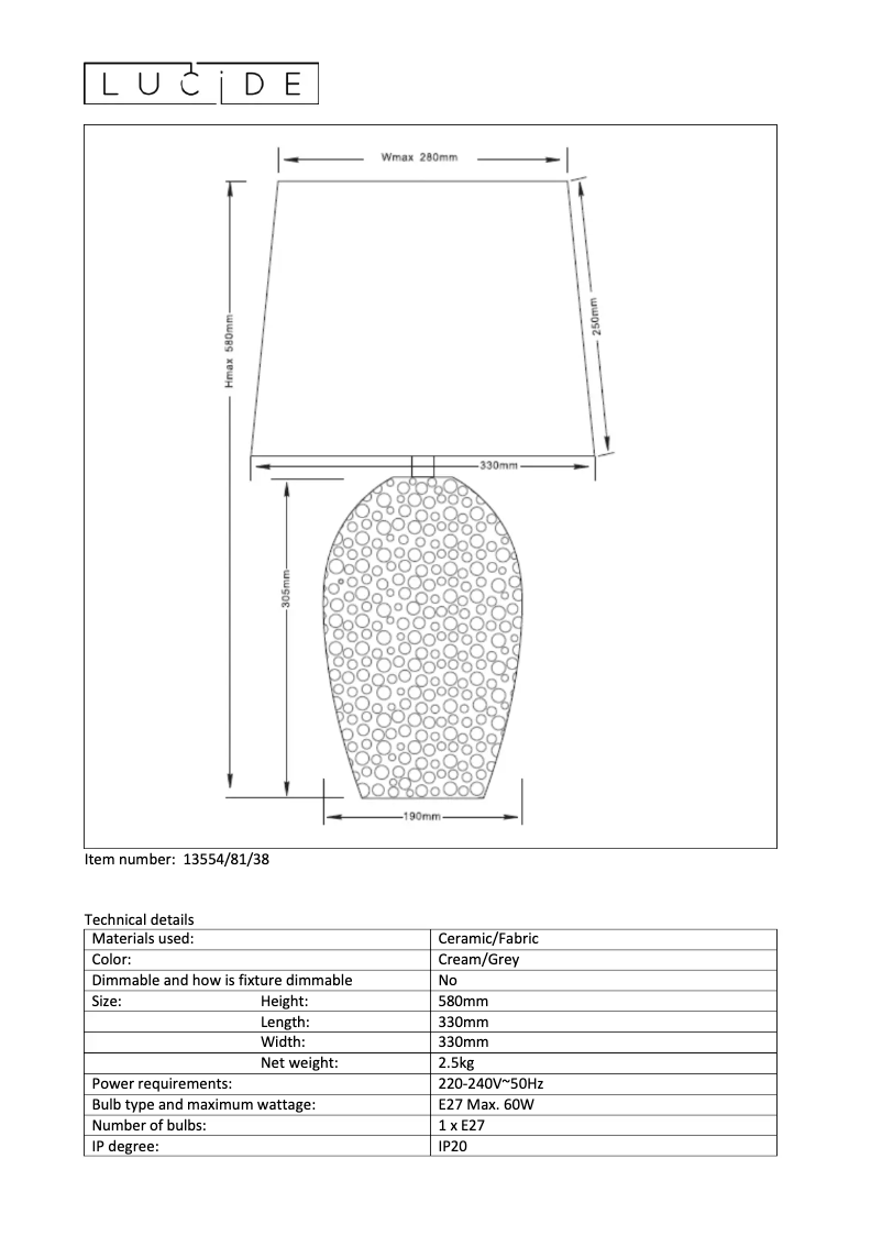 Page n°1 - Manuel utilisateur Lucide Sally 13554/81/38