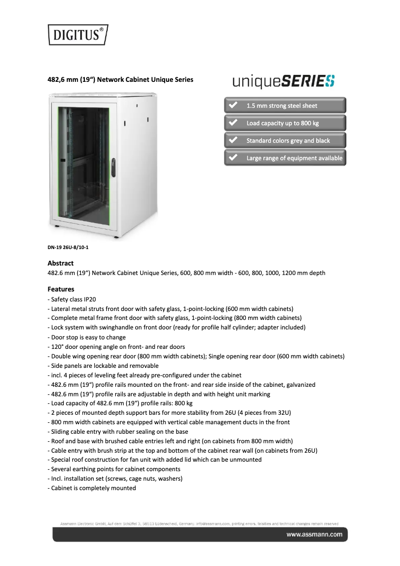 Page 1 de la notice Fiche technique Digitus DN-19 42U-8/12-1