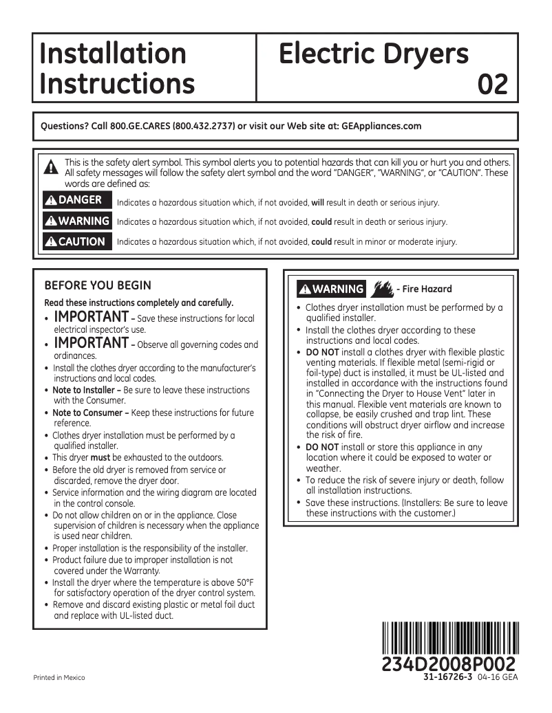 Page 1 de la notice Guide d'installation GE GFDS150EDWW