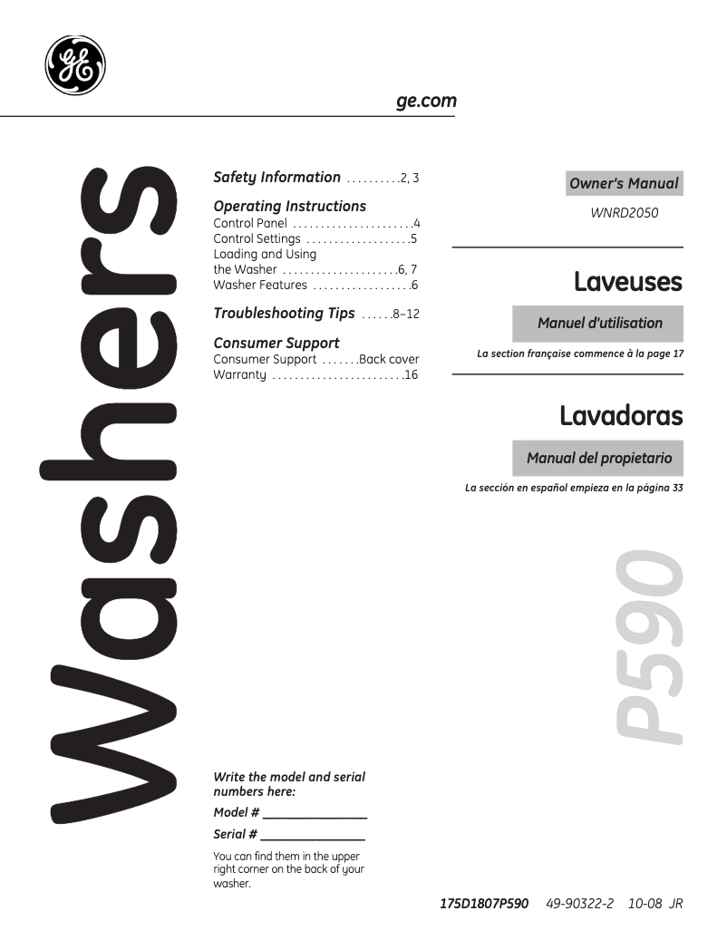 Image de la première page du manuel de l'appareil WNRD2050GWC