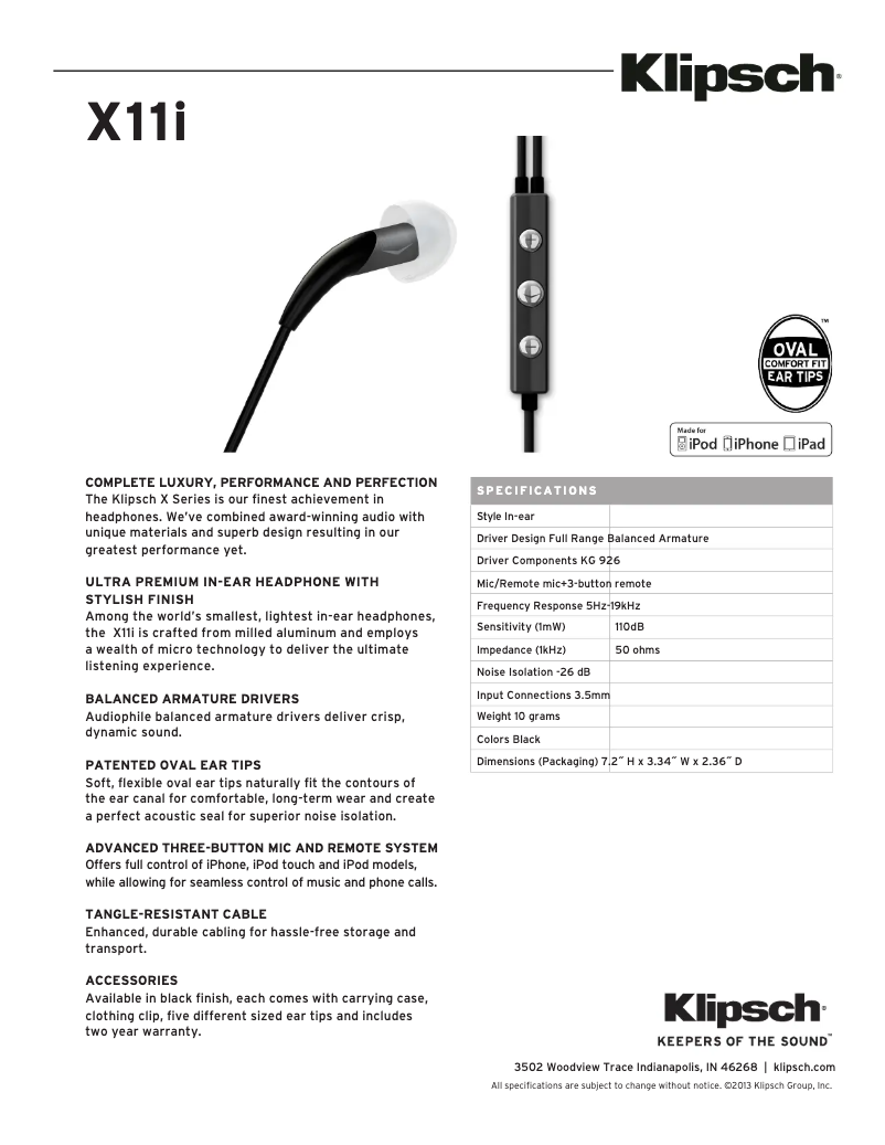 Page 1 de la notice Fiche technique Klipsch X11i