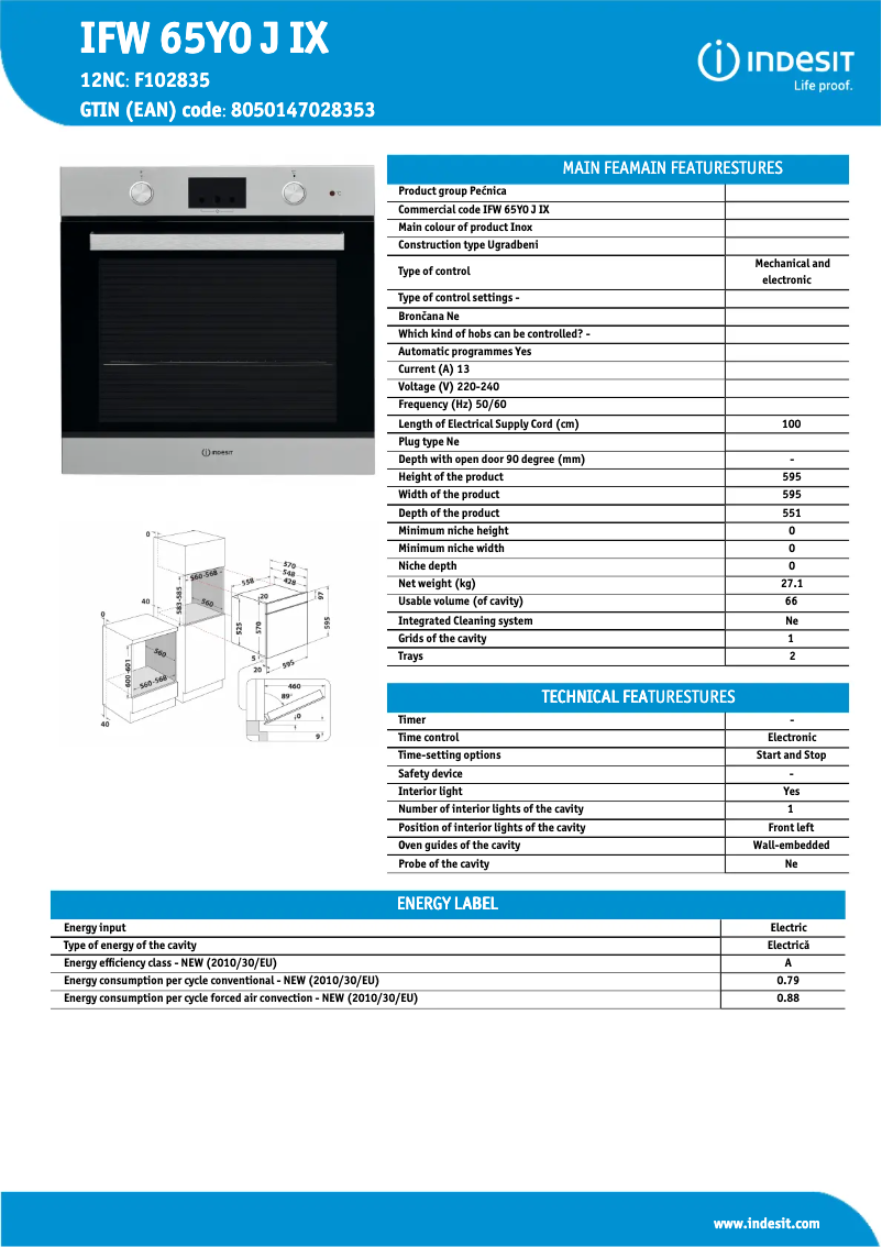 Page n°1 - Fiche technique Indesit IFW 65Y0 J IX