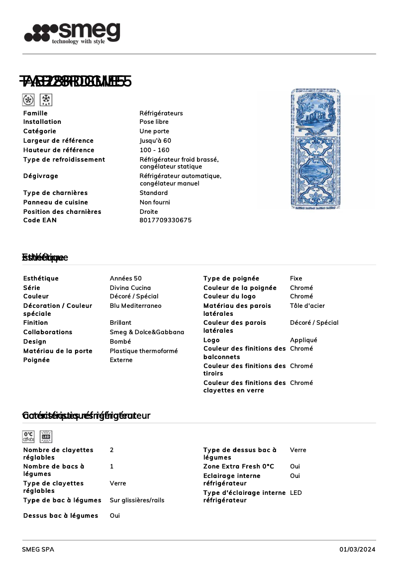 Page n°1 - Fiche technique Smeg FAB28RDG